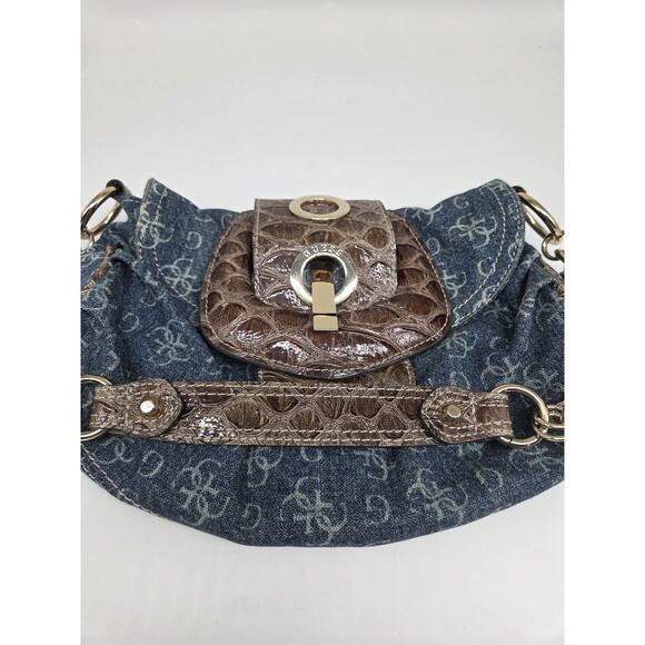 Vintage Y2K Guess Denim Croc Embossed Buckle Bag Gold Chain Vegan Leather Blue - Picture 16 of 16